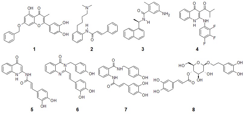 Compounds with demonstrated in vitro activity on some of the SARS and MERS enzymes (1-4) and compounds for initial screening (5-8).