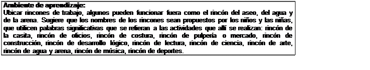 Cuadro de texto: Ambiente de aprendizaje:
Ubicar rincones de trabajo, algunos pueden funcionar fuera como el rincón del aseo, del agua y de la arena. Sugiere que los nombres de los rincones sean propuestos por los niños y las niñas, que utilicen palabras significativas que se refieran a las actividades que allí se realizan: rincón de la casita, rincón de oficios, rincón de costura, rincón de pulpería o mercado, rincón de construcción, rincón de desarrollo lógico, rincón de lectura, rincón de ciencia, rincón de arte, rincón de agua y arena, rincón de música, rincón de deportes.
