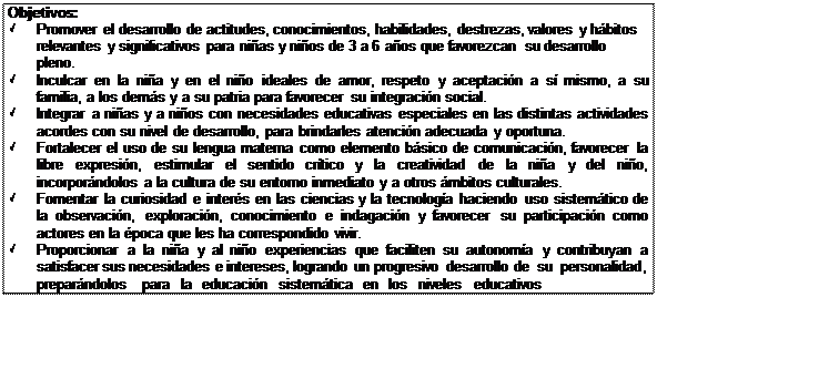 Cuadro de texto: Objetivos:
ü	Promover el desarrollo de actitudes, conocimientos, habilidades, destrezas, valores y hábitos relevantes y significativos para niñas y niños de 3 a 6 años que favorezcan su desarrollo pleno.
ü	Inculcar en la niña y en el niño ideales de amor, respeto y aceptación a sí mismo, a su familia, a los demás y a su patria para favorecer su integración social.
ü	Integrar a niñas y a niños con necesidades educativas especiales en las distintas actividades acordes con su nivel de desarrollo, para brindarles atención adecuada y oportuna.
ü	Fortalecer el uso de su lengua materna como elemento básico de comunicación, favorecer la libre expresión, estimular el sentido crítico y la creatividad de la niña y del niño, incorporándolos a la cultura de su entorno inmediato y a otros ámbitos culturales.
ü	Fomentar la curiosidad e interés en las ciencias y la tecnología haciendo uso sistemático de la observación, exploración, conocimiento e indagación y favorecer su participación como actores en la época que les ha correspondido vivir.
ü	Proporcionar a la niña y al niño experiencias que faciliten su autonomía y contribuyan a satisfacer sus necesidades e intereses, logrando un progresivo desarrollo de  su personalidad,  preparándolos  para  la  educación  sistemática  en  los  niveles  educativos
