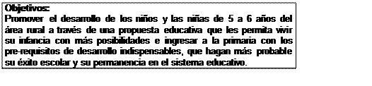 Cuadro de texto: Objetivos:
Promover el desarrollo de los niños y las niñas de 5 a 6 años del área rural a través de una propuesta educativa que les permita vivir su infancia con más posibilidades e ingresar a la primaria con los pre-requisitos de desarrollo indispensables, que hagan más probable su éxito escolar y su permanencia en el sistema educativo.

